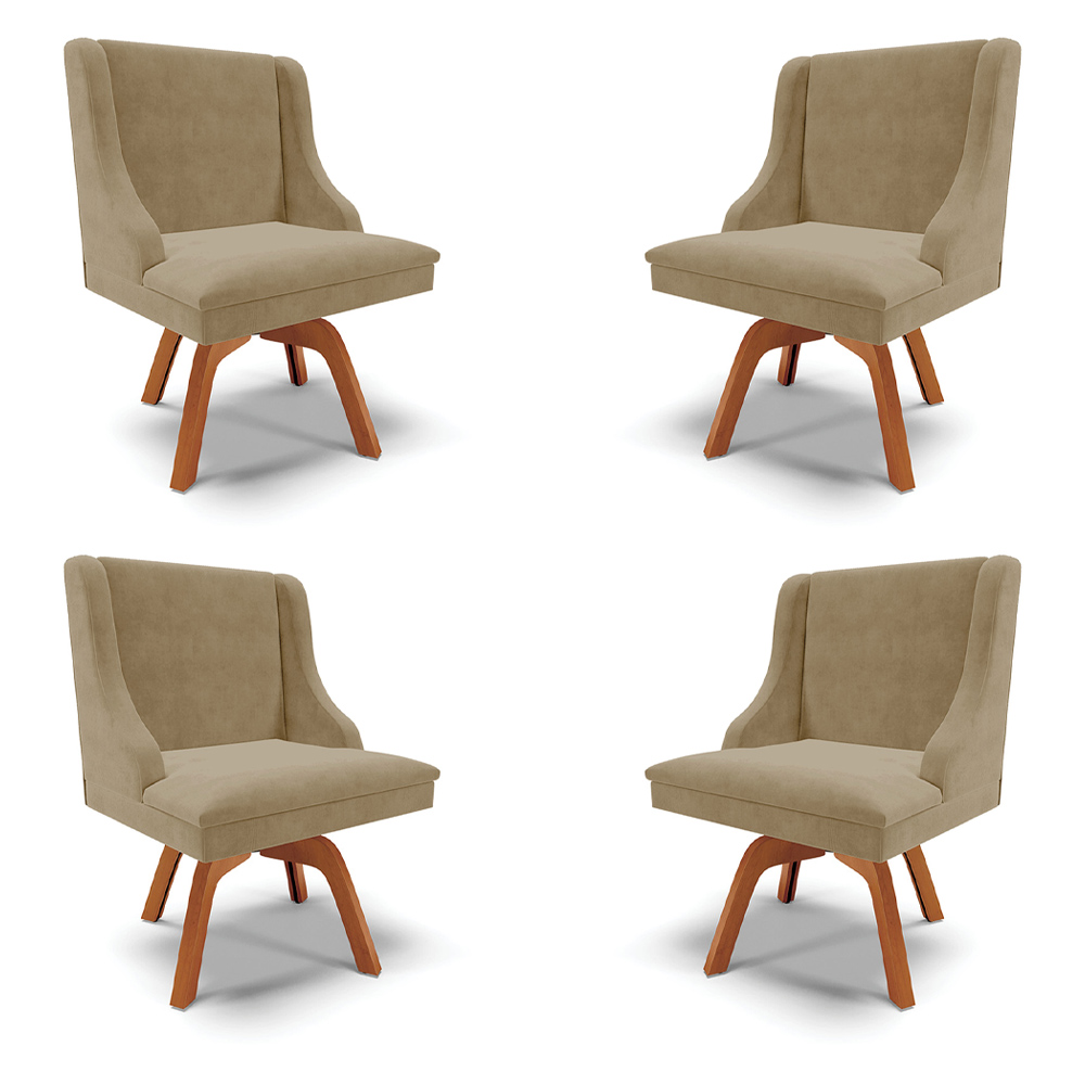 Kit 4 Cadeiras Decorativas Sala de Jantar Base Giratória de Madeira Firenze Suede Nude/Natural G19 - Gran Belo