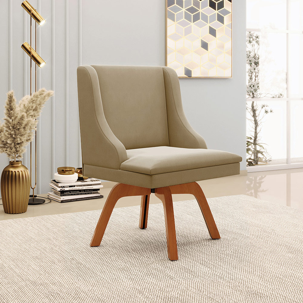 Kit 4 Cadeiras Decorativas Sala de Jantar Base Giratória de Madeira Firenze Suede Nude/Natural G19 - Gran Belo