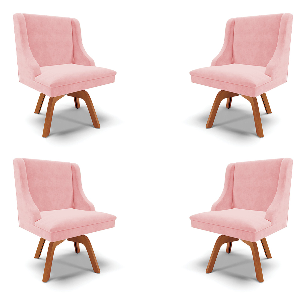Kit 4 Cadeiras Decorativas Sala de Jantar Base Giratória de Madeira Firenze Suede Rosa Bebê/Natural G19 - Gran Belo