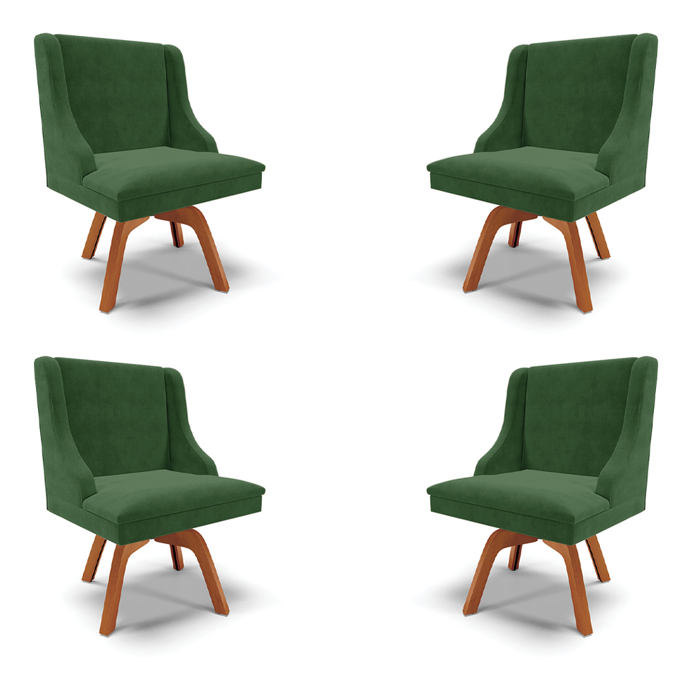 Kit 4 Cadeiras Decorativas Sala de Jantar Base Giratória de Madeira Firenze Suede Verde Esmeralda/Natural G19 - Gran Belo