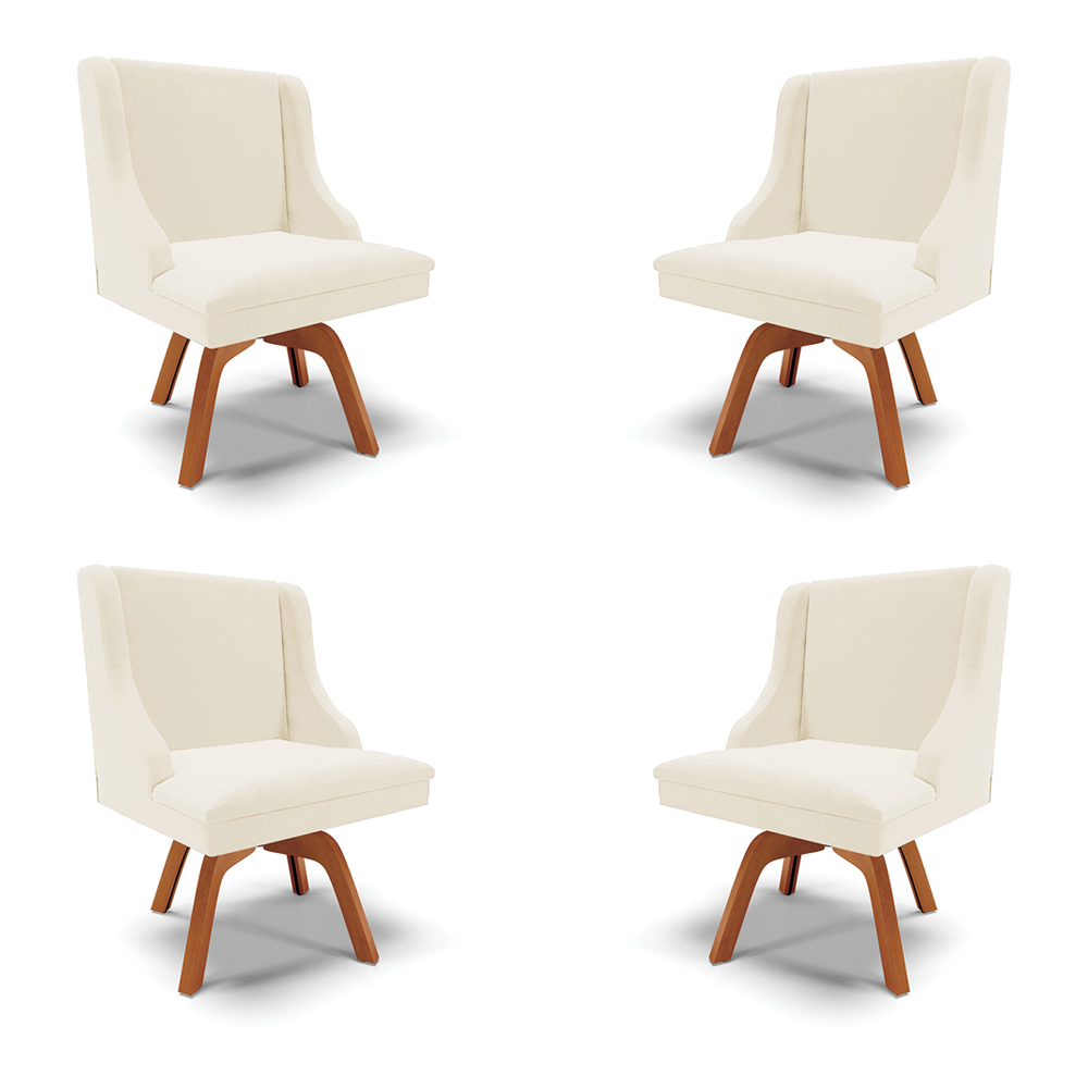 Kit 4 Cadeiras Decorativas Sala de Jantar Base Giratória de Madeira Firenze Veludo Bege/Natural G19 - Gran Belo