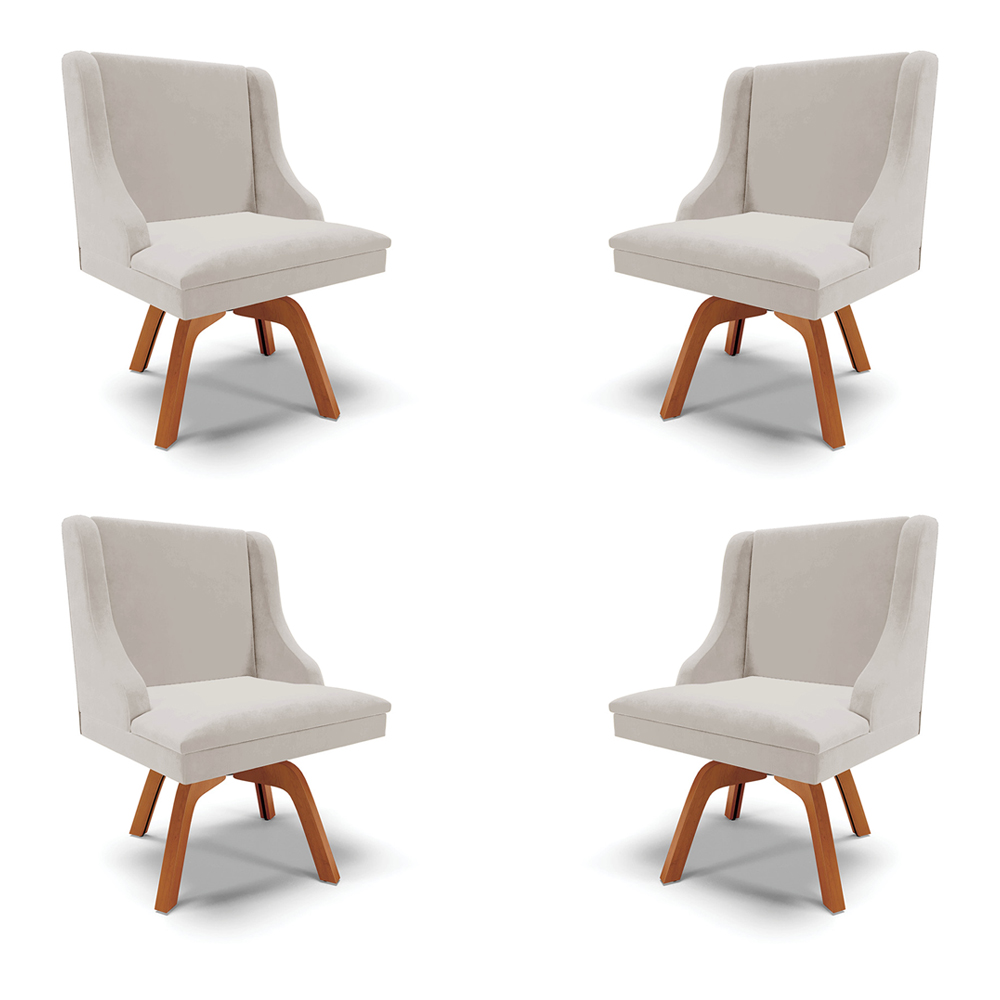 Kit 4 Cadeiras Decorativas Sala de Jantar Base Giratória de Madeira Firenze Veludo Cinza/Natural G19 - Gran Belo