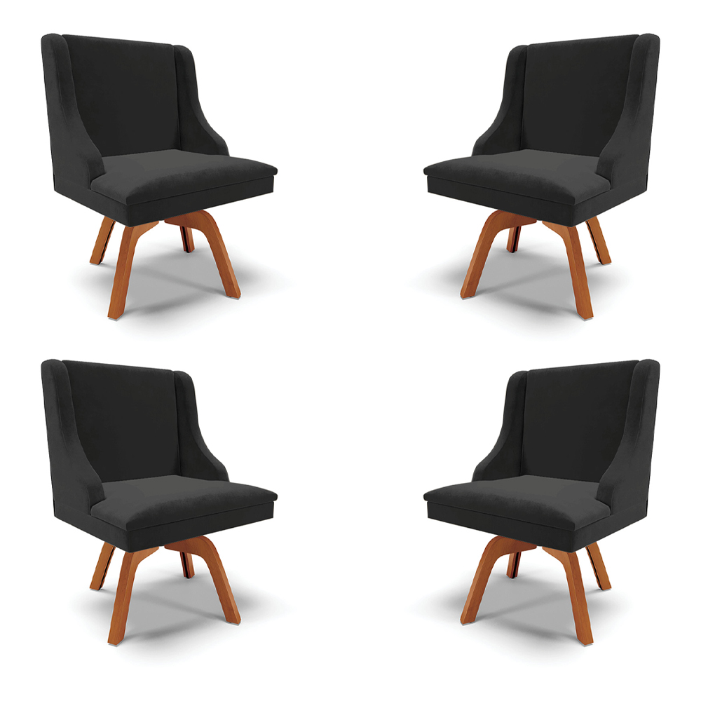Kit 4 Cadeiras Decorativas Sala de Jantar Base Giratória de Madeira Firenze Veludo Preto/Natural G19 - Gran Belo