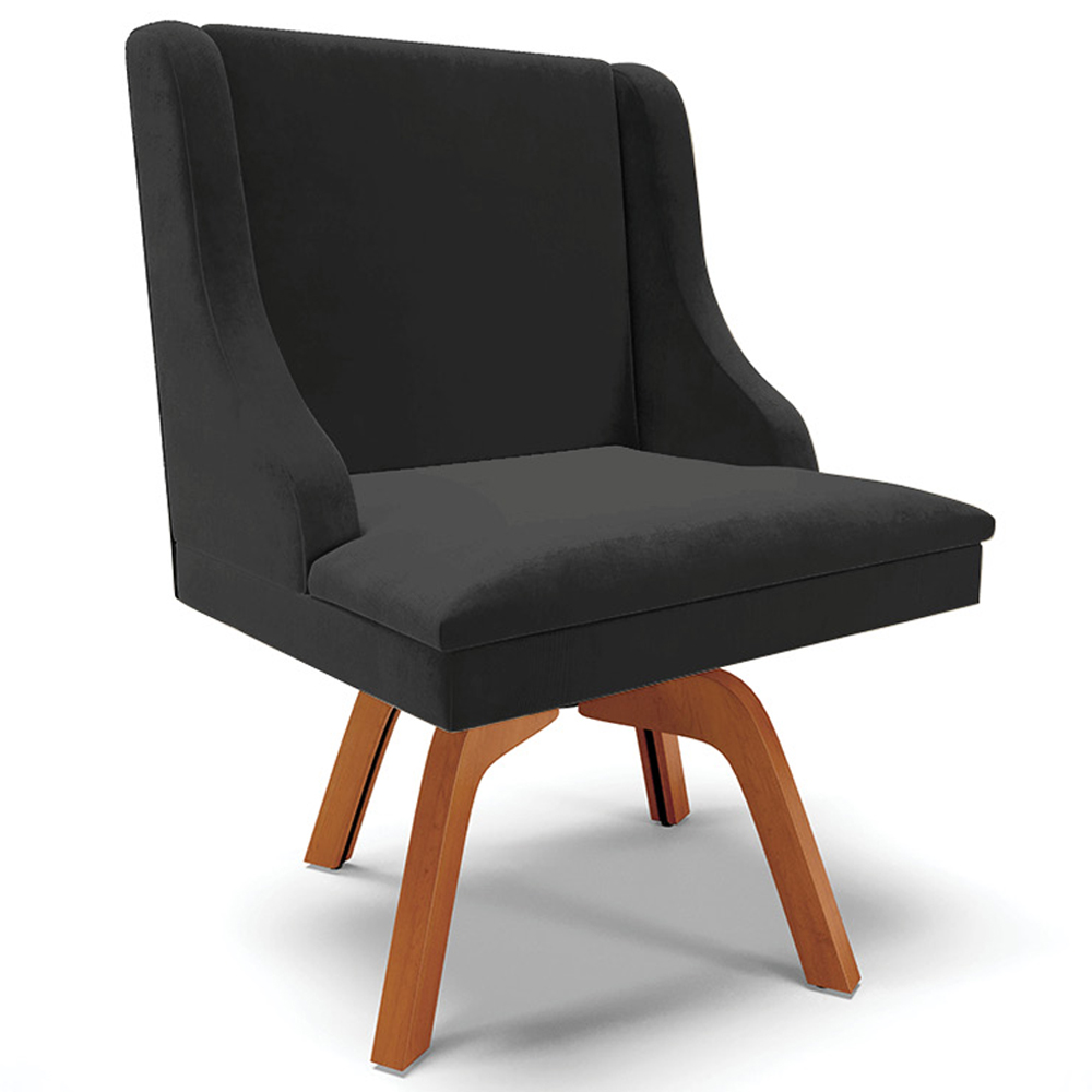 Kit 4 Cadeiras Decorativas Sala de Jantar Base Giratória de Madeira Firenze Veludo Preto/Natural G19 - Gran Belo