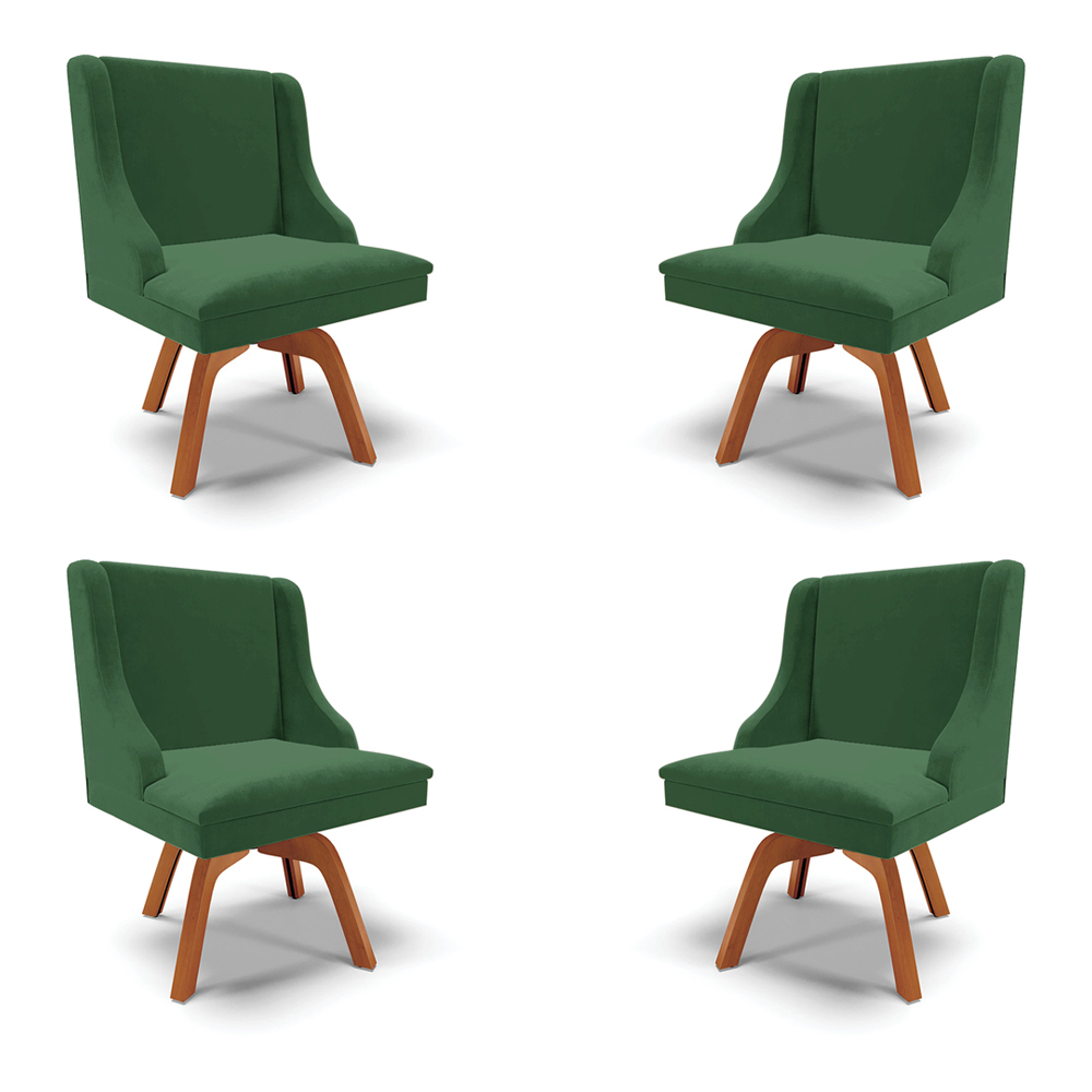 Kit 4 Cadeiras Decorativas Sala de Jantar Base Giratória de Madeira Firenze Veludo Verde/Natural G19 - Gran Belo