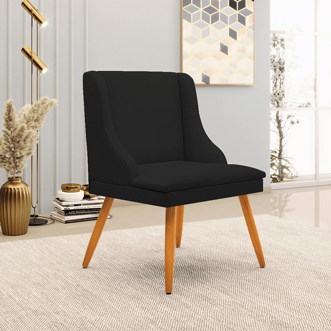 Kit 4 Cadeiras Decorativas Sala de Jantar Pés Palito de Madeira Firenze Linho Preto/Natural G19 - Gran Belo