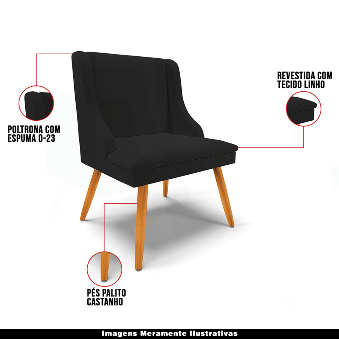 Kit 4 Cadeiras Decorativas Sala de Jantar Pés Palito de Madeira Firenze Linho Preto/Natural G19 - Gran Belo