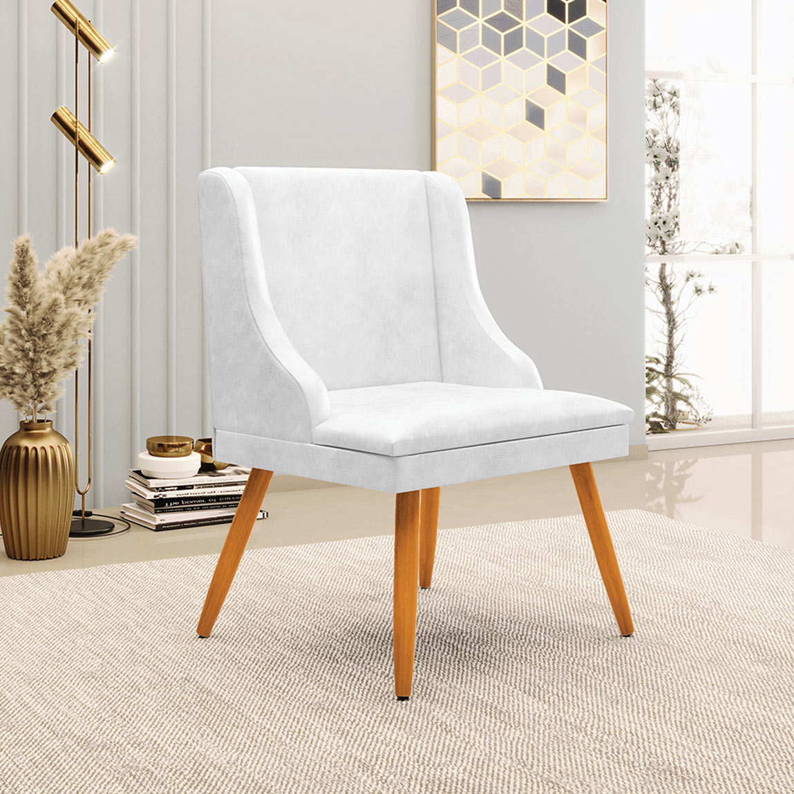 Kit 4 Cadeiras Decorativas Sala de Jantar Pés Palito de Madeira Firenze PU Branco Brilho/Natural G19 - Gran Belo