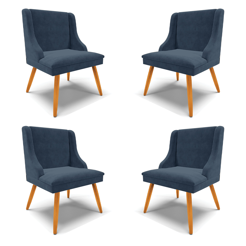 Kit 4 Cadeiras Decorativas Sala de Jantar Pés Palito de Madeira Firenze Suede Azul Marinho/Natural G19 - Gran Belo