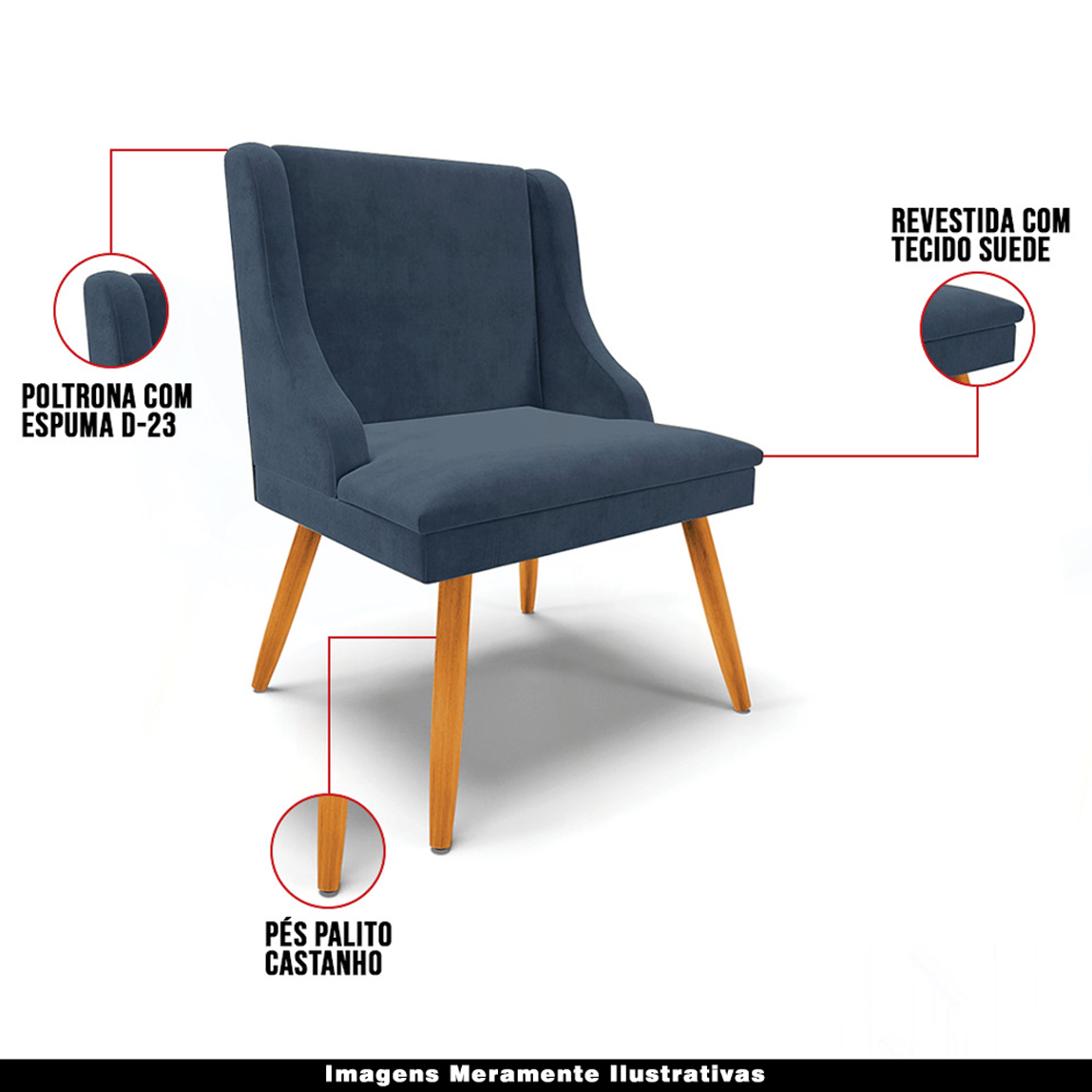 Kit 4 Cadeiras Decorativas Sala de Jantar Pés Palito de Madeira Firenze Suede Azul Marinho/Natural G19 - Gran Belo