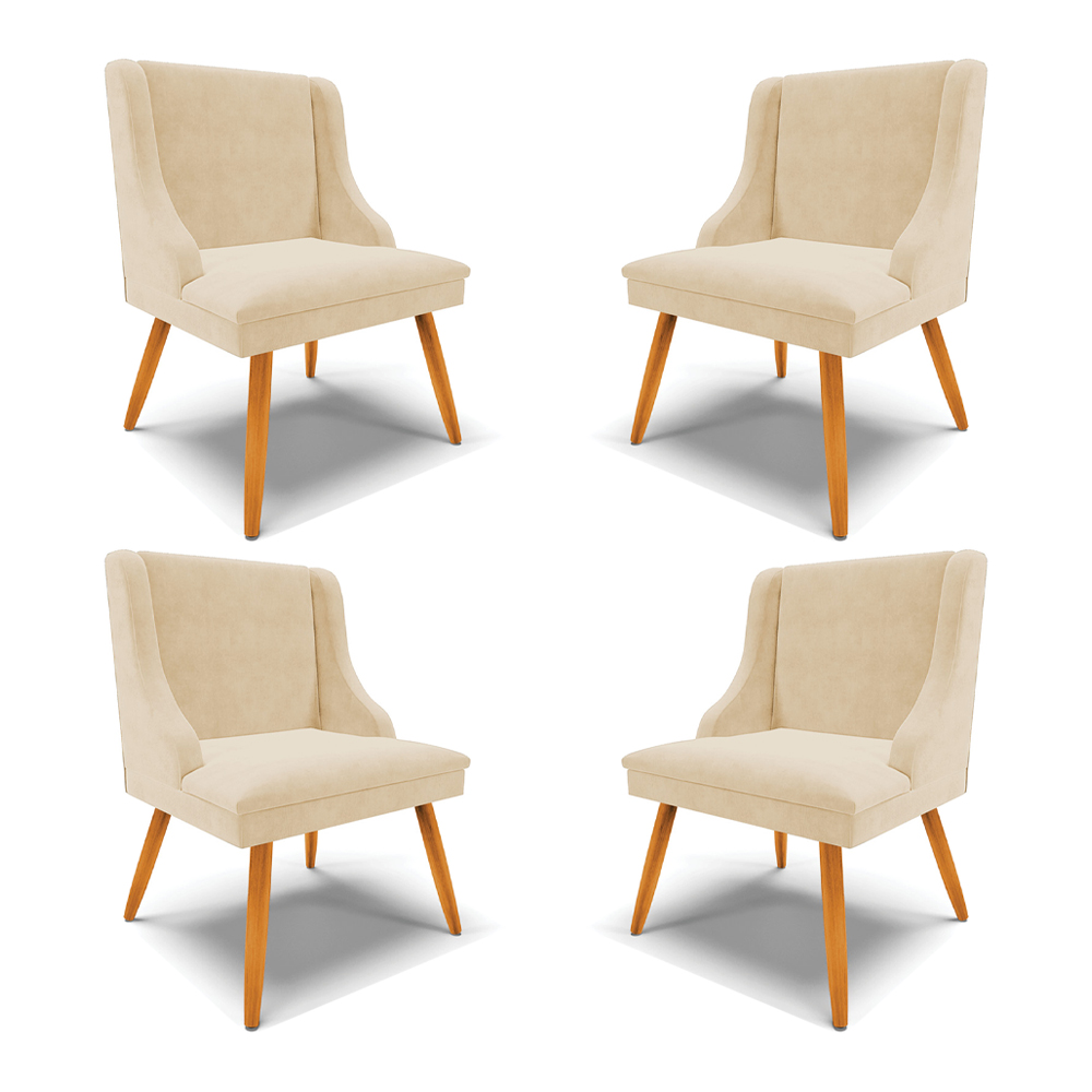 Kit 4 Cadeiras Decorativas Sala de Jantar Pés Palito de Madeira Firenze Suede Bege/Natural G19 - Gran Belo