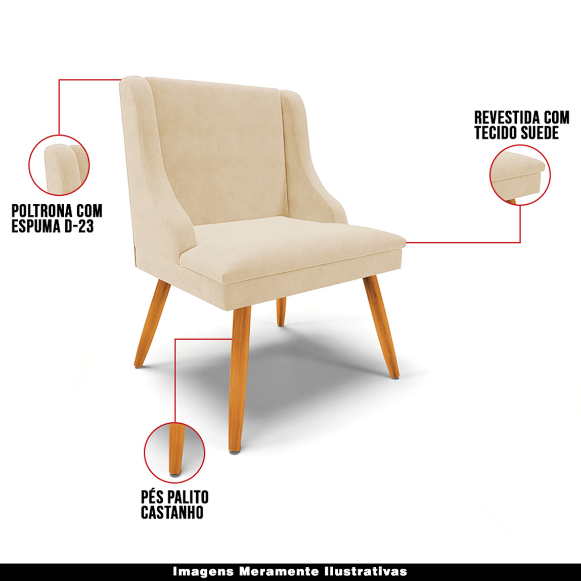 Kit 4 Cadeiras Decorativas Sala de Jantar Pés Palito de Madeira Firenze Suede Bege/Natural G19 - Gran Belo