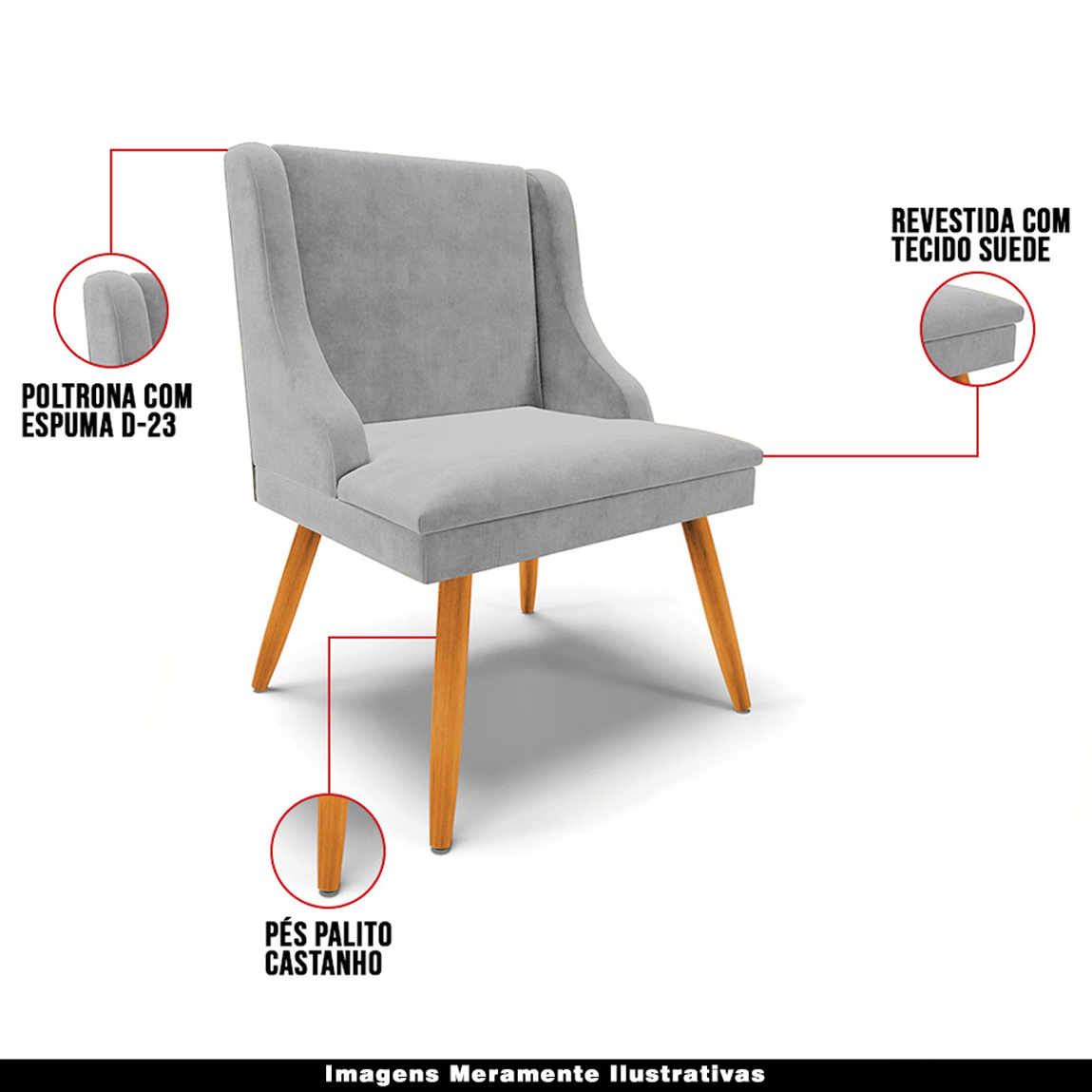 Kit 4 Cadeiras Decorativas Sala de Jantar Pés Palito de Madeira Firenze Suede Cinza/Natural G19 - Gran Belo