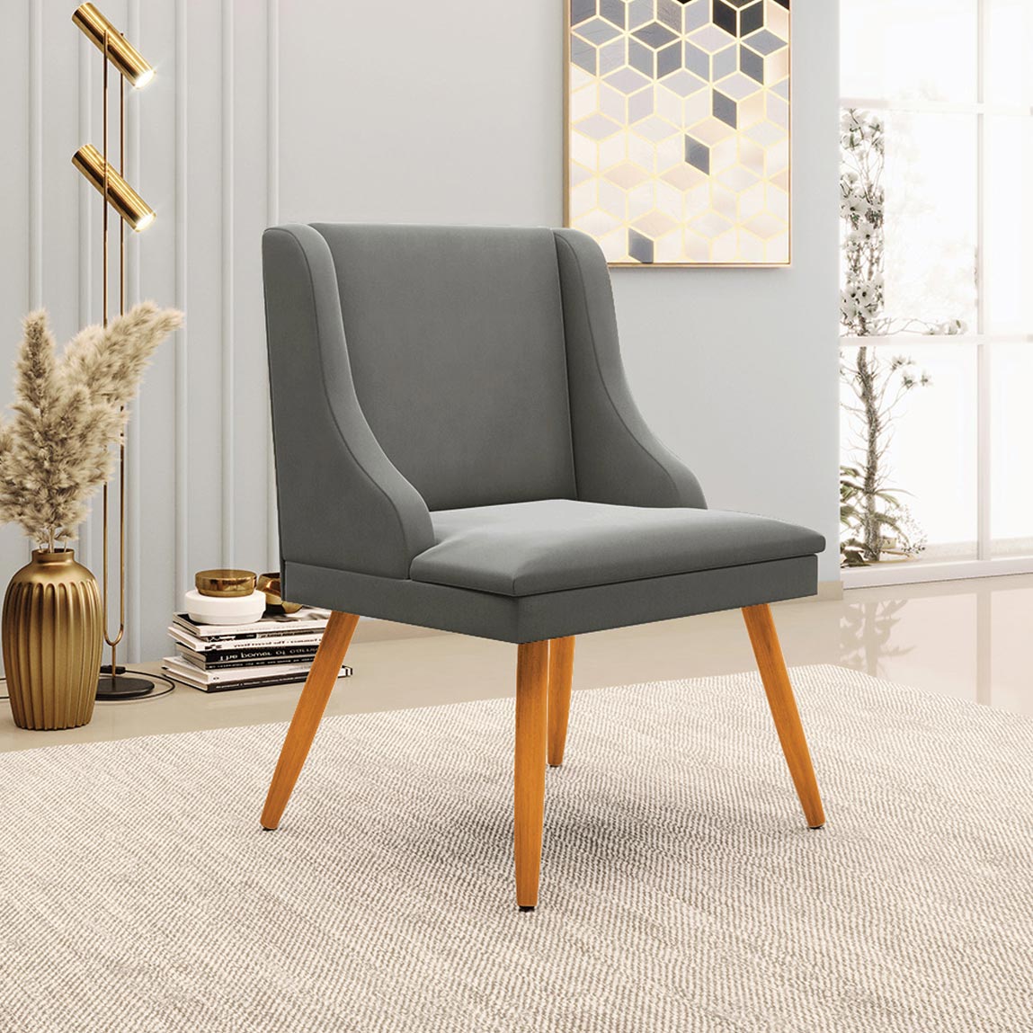 Kit 4 Cadeiras Decorativas Sala de Jantar Pés Palito de Madeira Firenze Suede Grafite/Natural G19 - Gran Belo