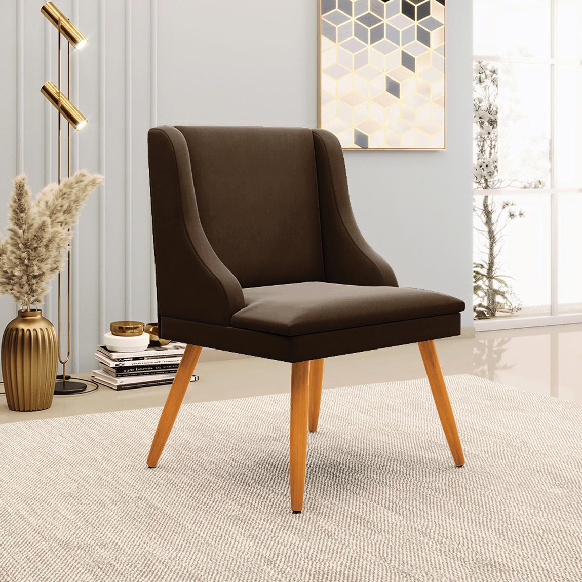Kit 4 Cadeiras Decorativas Sala de Jantar Pés Palito de Madeira Firenze Suede Marrom/Natural G19 - Gran Belo