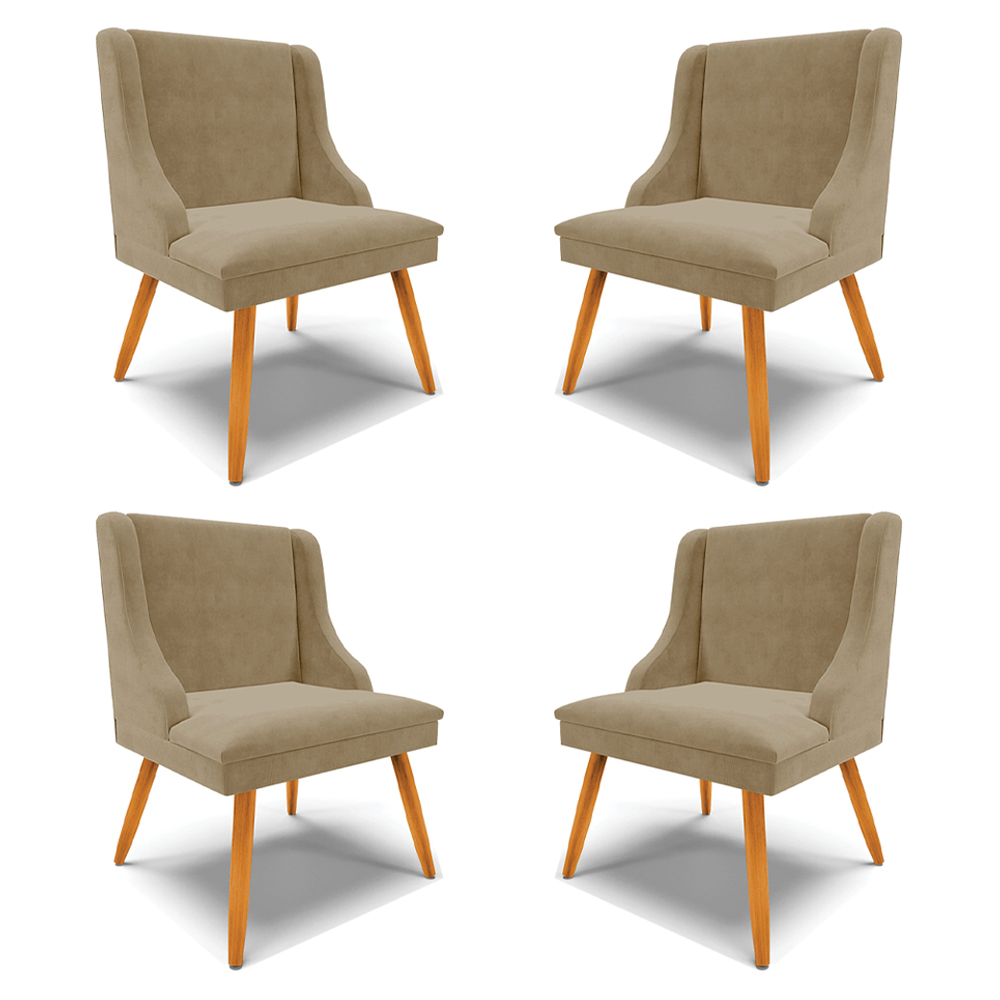 Kit 4 Cadeiras Decorativas Sala de Jantar Pés Palito de Madeira Firenze Suede Nude/Natural G19 - Gran Belo