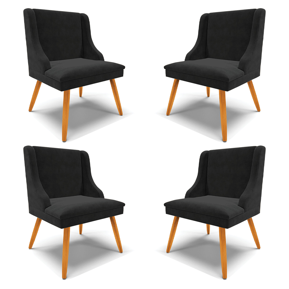 Kit 4 Cadeiras Decorativas Sala de Jantar Pés Palito de Madeira Firenze Suede Preto/Natural G19 - Gran Belo