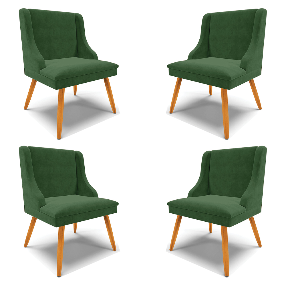 Kit 4 Cadeiras Decorativas Sala de Jantar Pés Palito de Madeira Firenze Suede Verde Esmeralda/Natural G19 - Gran Belo