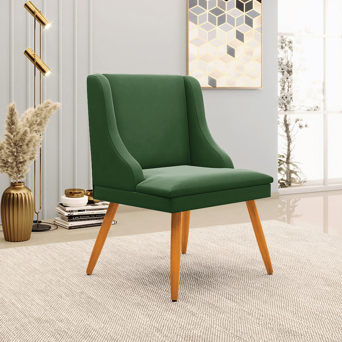 Kit 4 Cadeiras Decorativas Sala de Jantar Pés Palito de Madeira Firenze Suede Verde Esmeralda/Natural G19 - Gran Belo