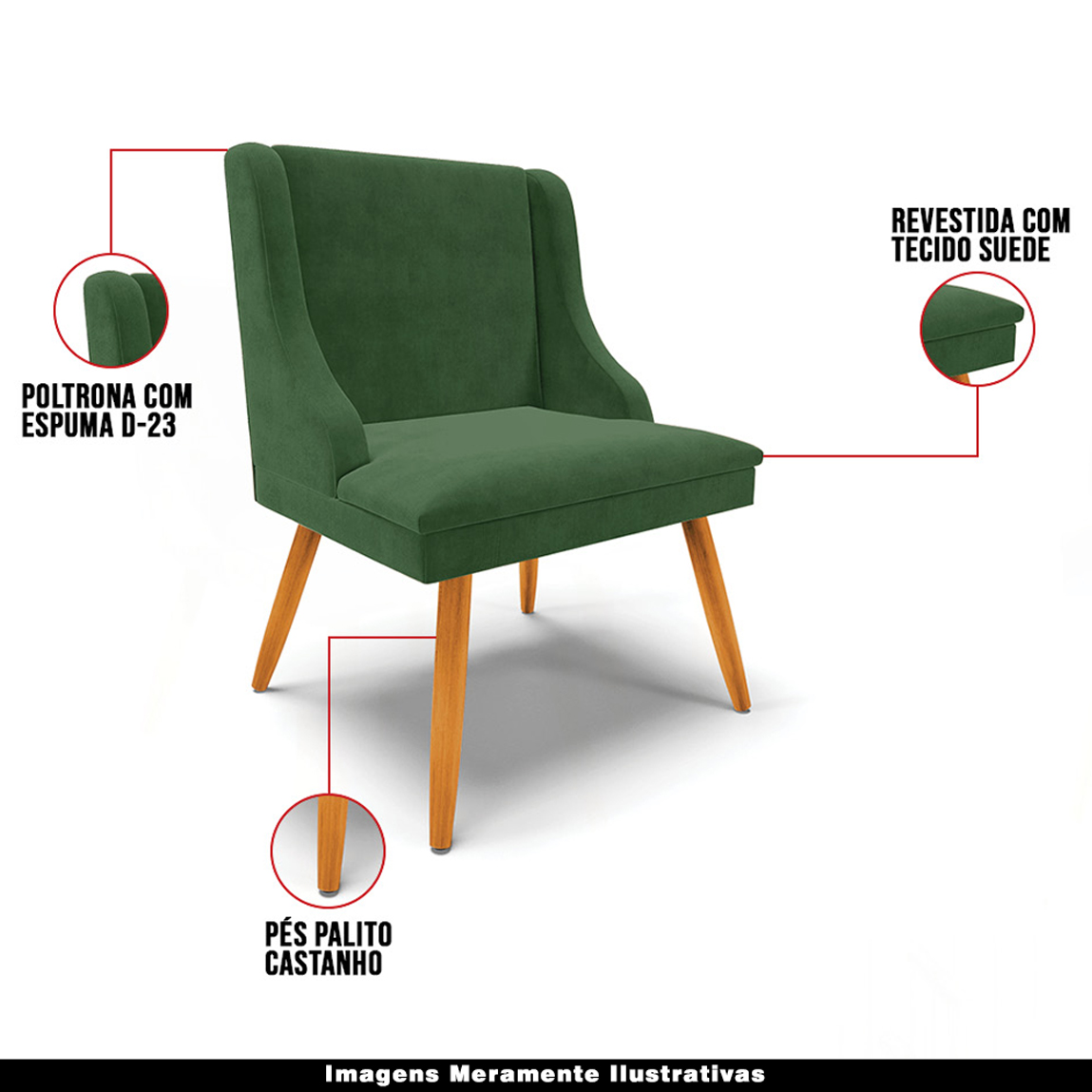 Kit 4 Cadeiras Decorativas Sala de Jantar Pés Palito de Madeira Firenze Suede Verde Esmeralda/Natural G19 - Gran Belo