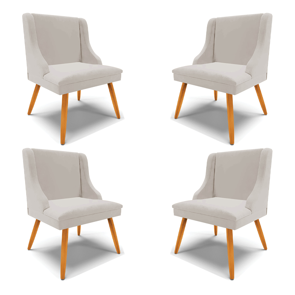 Kit 4 Cadeiras Decorativas Sala de Jantar Pés Palito de Madeira Firenze Veludo Cinza/Natural G19 - Gran Belo