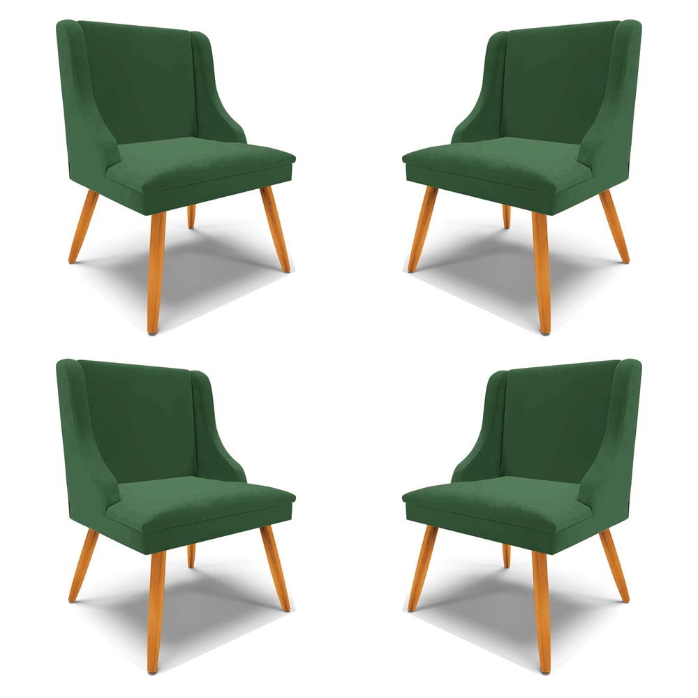 Kit 4 Cadeiras Decorativas Sala de Jantar Pés Palito de Madeira Firenze Veludo Verde/Natural G19 - Gran Belo