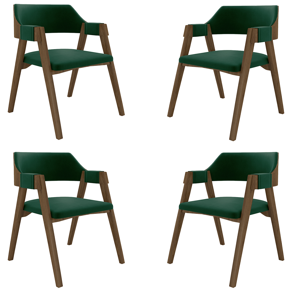 Kit 4 Cadeiras Sala de Jantar e Jogos Carteados Madeira Maciça Poker Veludo Verde/Nogueira G42 - Gran Belo
