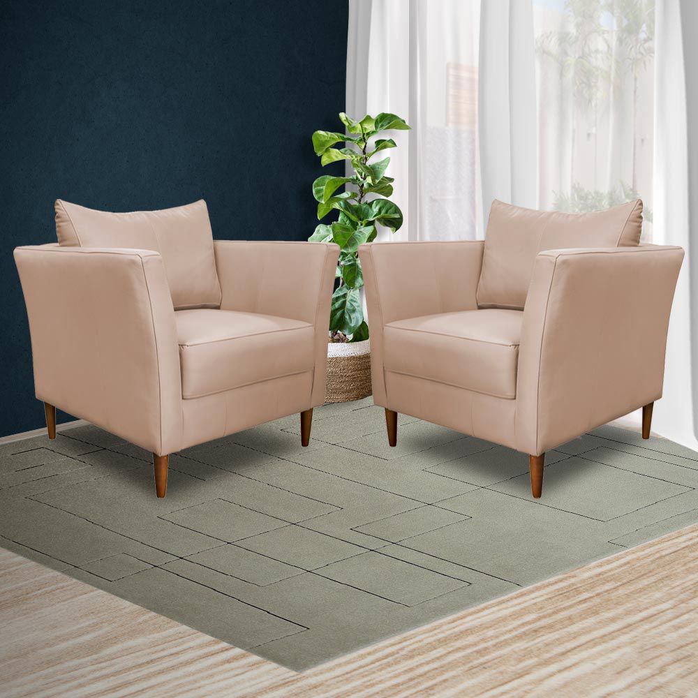 Kit 4 Poltronas Decorativa Sala de Estar Pés Palito Lubbock Couro Bege G58 - Gran Belo