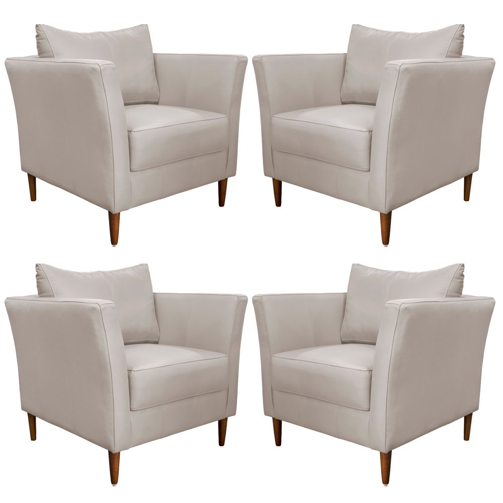 Kit 4 Poltronas Decorativa Sala de Estar Pés Palito Lubbock Couro Off White G58 - Gran Belo