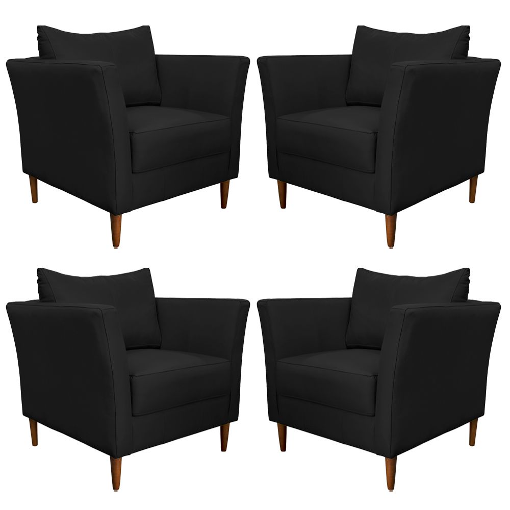 Kit 4 Poltronas Decorativa Sala de Estar Pés Palito Lubbock Couro Preto G58 - Gran Belo