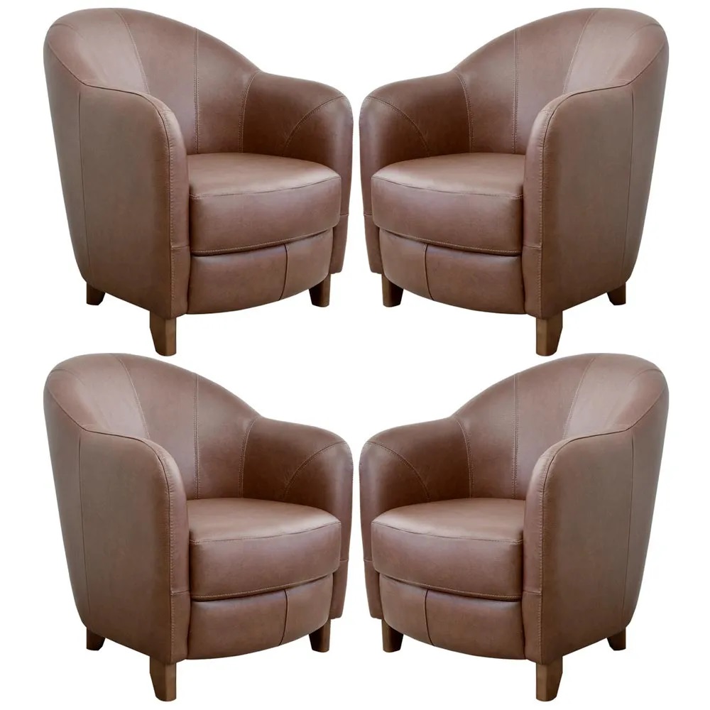 Kit 4 Poltronas Decorativas Sala de Estar Pés Madeira Kairós Couro Caramelo G03 - Gran Belo