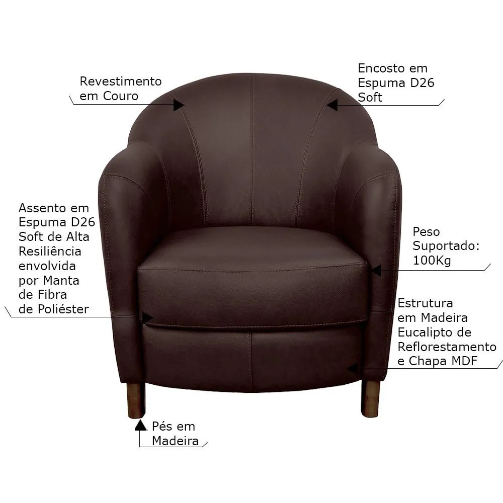 Kit 4 Poltronas Decorativas Sala de Estar Pés Madeira Kairós Couro Chocolate G03 - Gran Belo