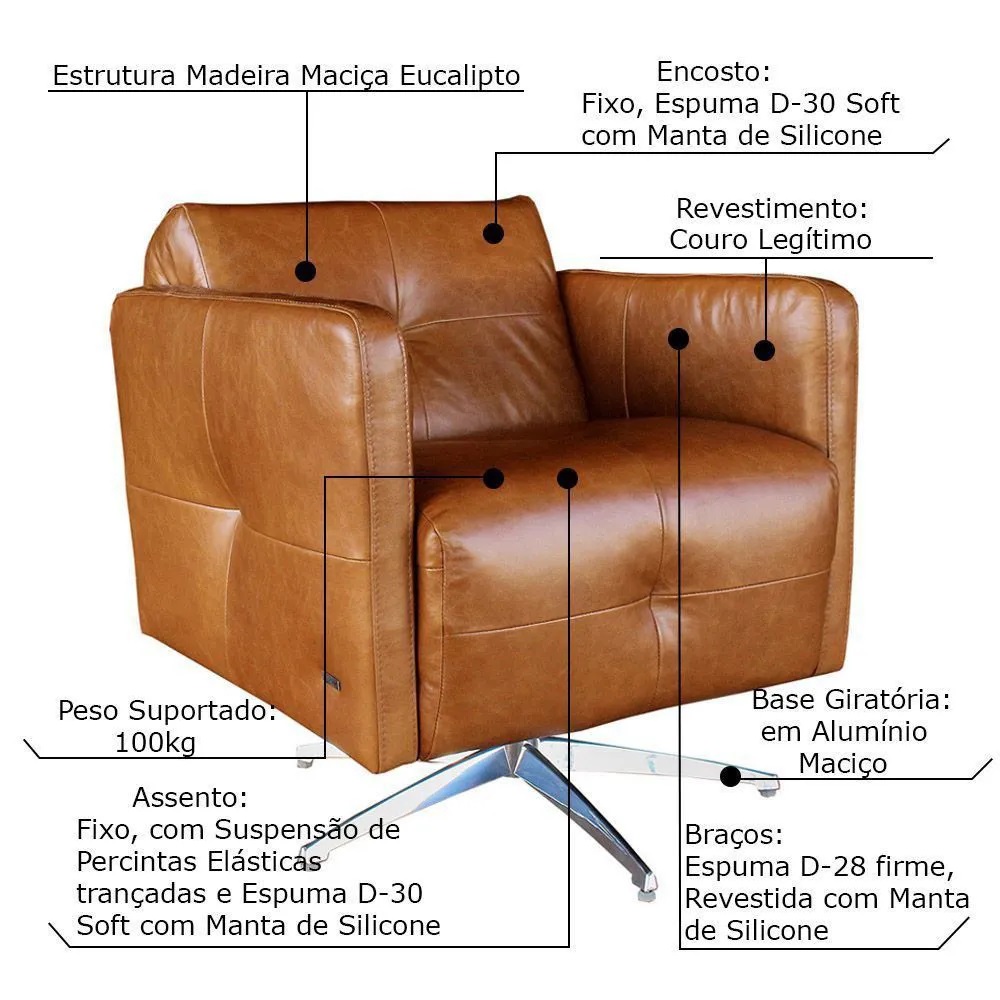 Kit 4 Poltronas Giratória para Sala de Estar Astana Couro Marrom G40 - Gran Belo
