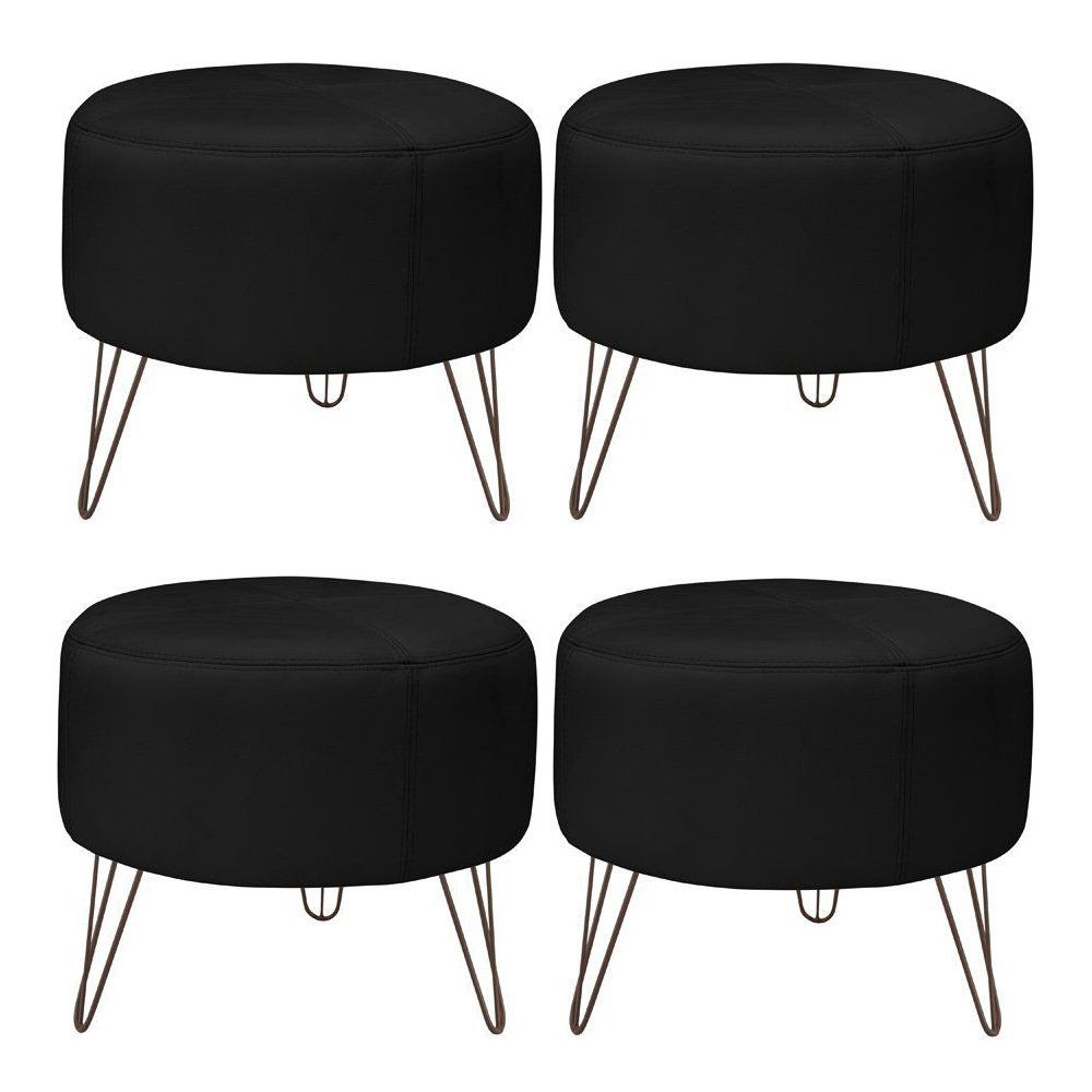 Kit 4 Puffs Decorativos Redondo Pés Metal Couro Preto - Gran Belo