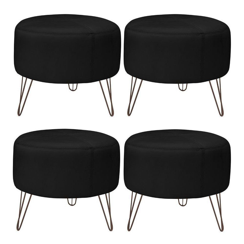 Kit 4 Puffs Decorativos Redondo Pés Metal Couro Preto G58 - Gran Belo