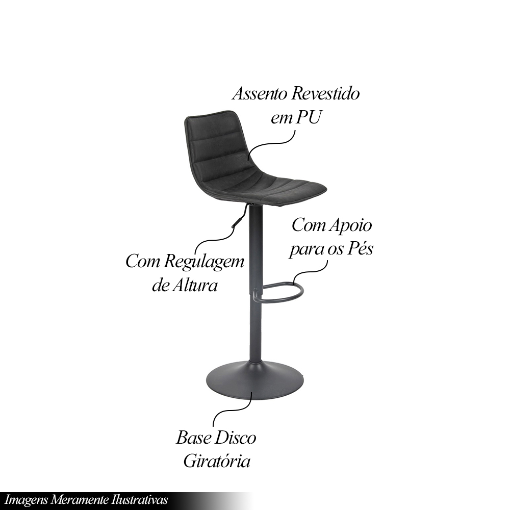 Kit 5 Banquetas Decorativas Travis PU com Regulagem de Altura Base Disco c/Apoio Para os Pés Preto G56 - Gran Belo