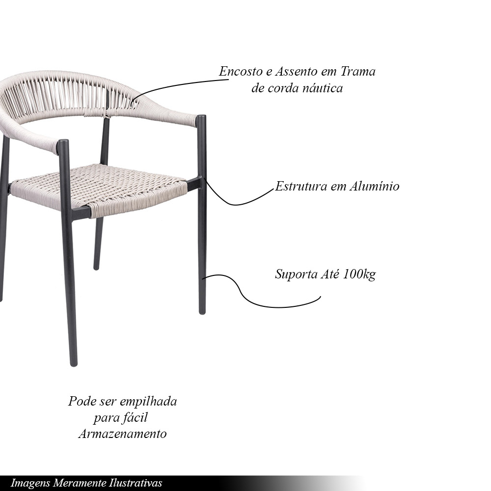 Kit 5 Cadeiras Área Externa de Alumínio Carmy com Corda Naútica Grafite/Amêndoa G56 - Gran Belo