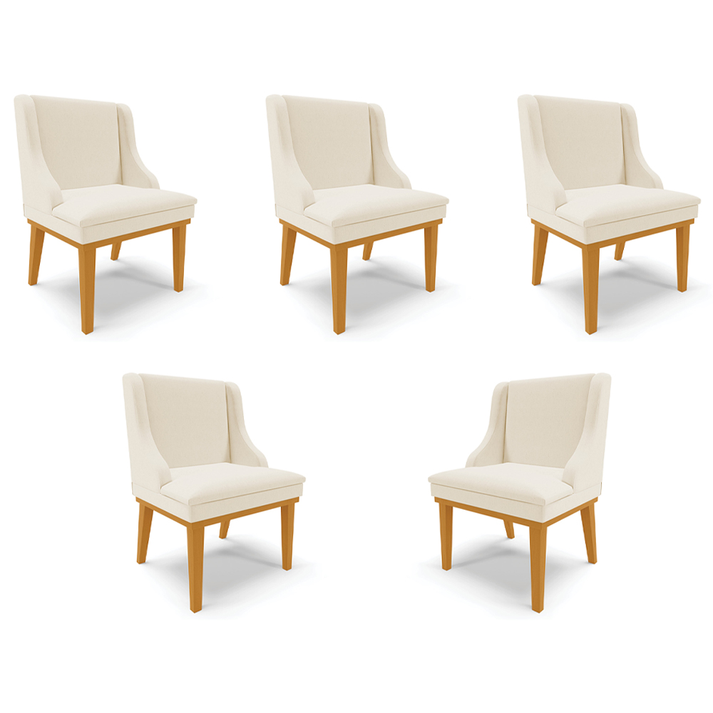 Kit 5 Cadeiras Decorativas Sala de Jantar Base Fixa de Madeira Firenze Linho Bege/Castanho G19 - Gran Belo