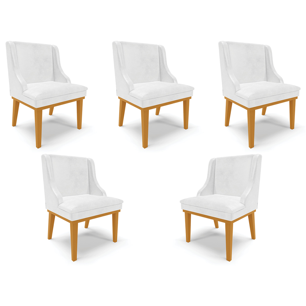 Kit 5 Cadeiras Decorativas Sala de Jantar Base Fixa de Madeira Firenze PU Branco Brilho/Castanho G19 - Gran Belo