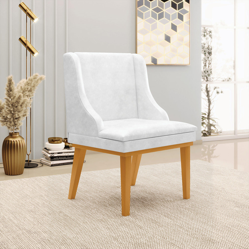 Kit 5 Cadeiras Decorativas Sala de Jantar Base Fixa de Madeira Firenze PU Branco Brilho/Castanho G19 - Gran Belo