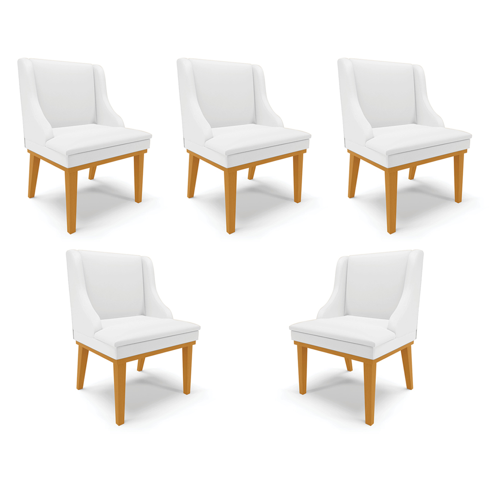 Kit 5 Cadeiras Decorativas Sala de Jantar Base Fixa de Madeira Firenze PU Branco Fosco/Castanho G19 - Gran Belo