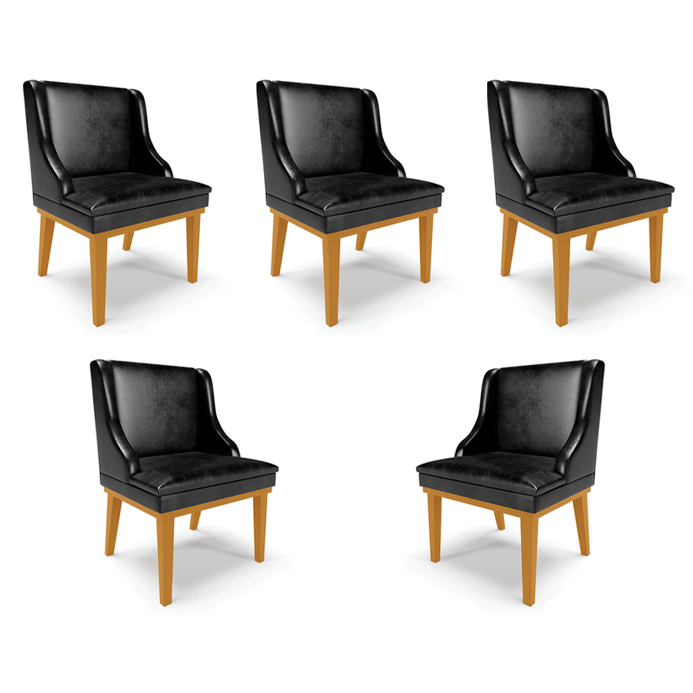 Kit 5 Cadeiras Decorativas Sala de Jantar Base Fixa de Madeira Firenze PU Preto Brilho/Castanho G19 - Gran Belo