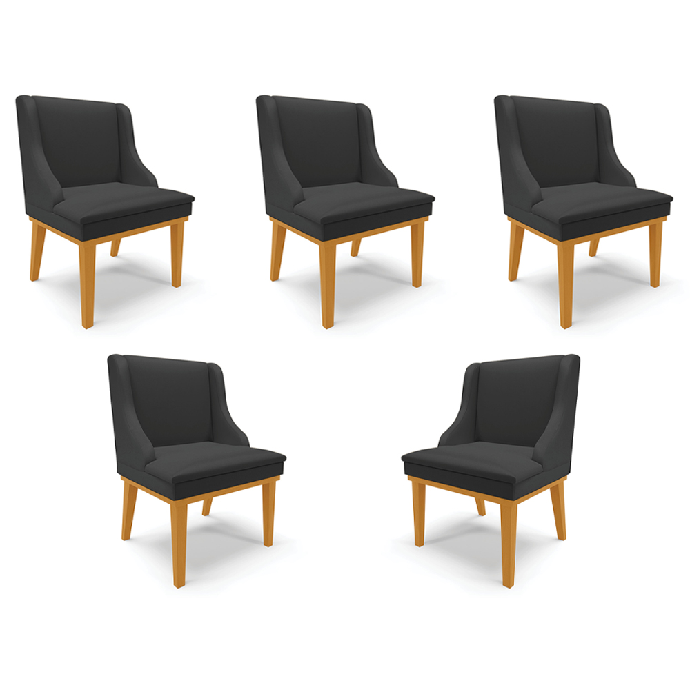 Kit 5 Cadeiras Decorativas Sala de Jantar Base Fixa de Madeira Firenze PU Preto Fosco/Castanho G19 - Gran Belo