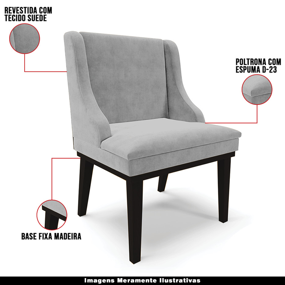 Kit 5 Cadeiras Decorativas Sala de Jantar Base Fixa de Madeira Firenze Suede Cinza/Preto G19 - Gran Belo