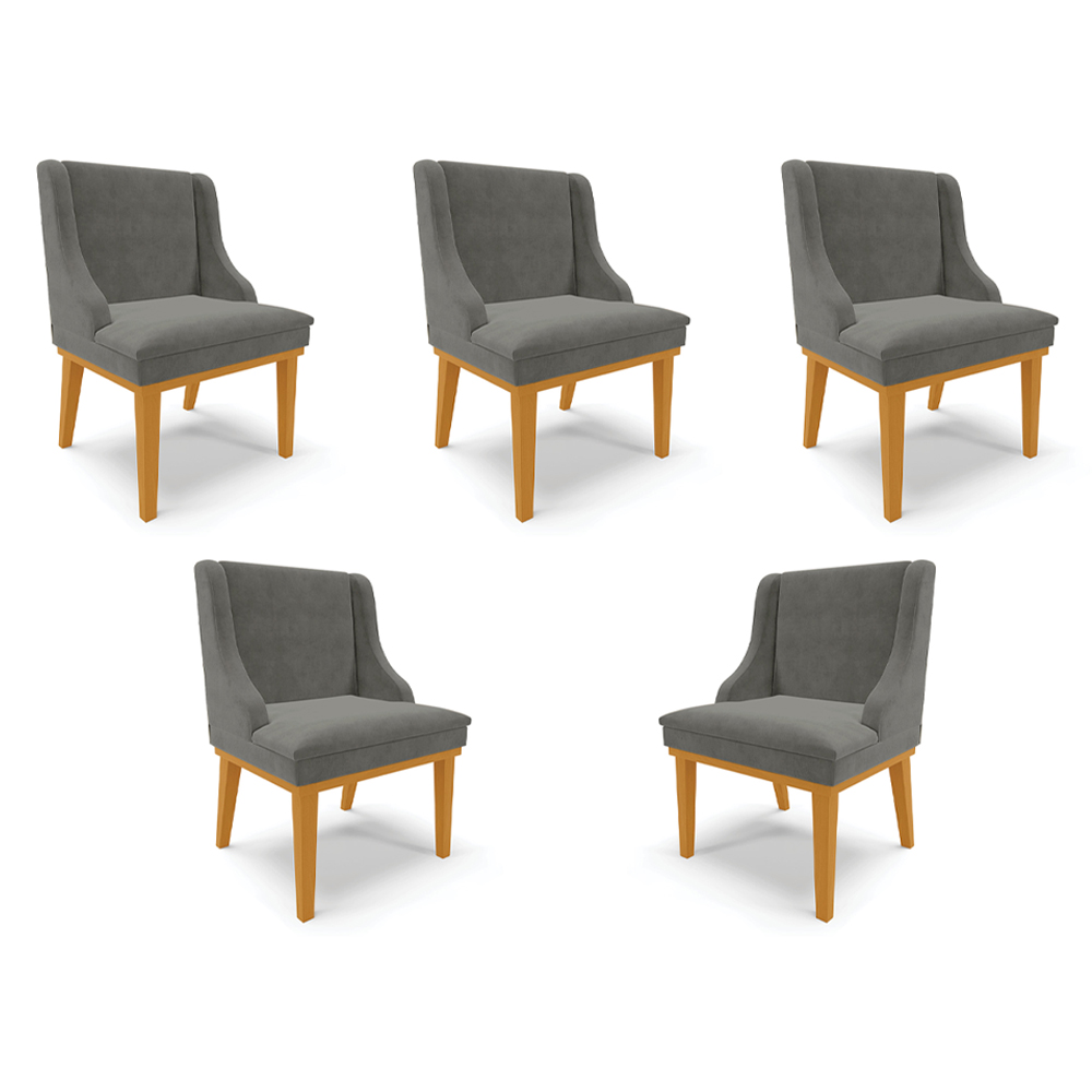 Kit 5 Cadeiras Decorativas Sala de Jantar Base Fixa de Madeira Firenze Suede Grafite/Castanho G19 - Gran Belo