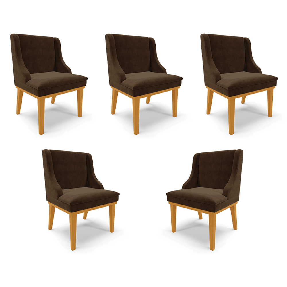 Kit 5 Cadeiras Decorativas Sala de Jantar Base Fixa de Madeira Firenze Suede Marrom/Castanho G19 - Gran Belo