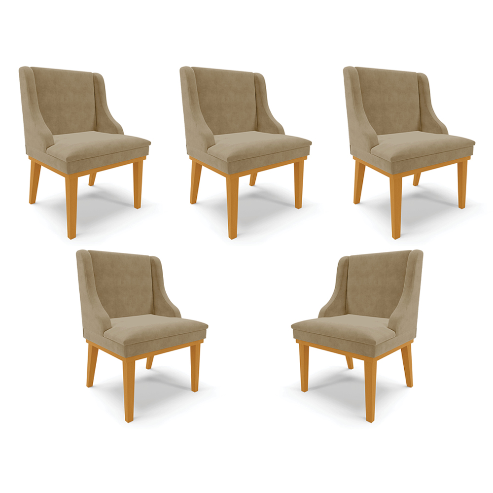 Kit 5 Cadeiras Decorativas Sala de Jantar Base Fixa de Madeira Firenze Suede Nude/Castanho G19 - Gran Belo