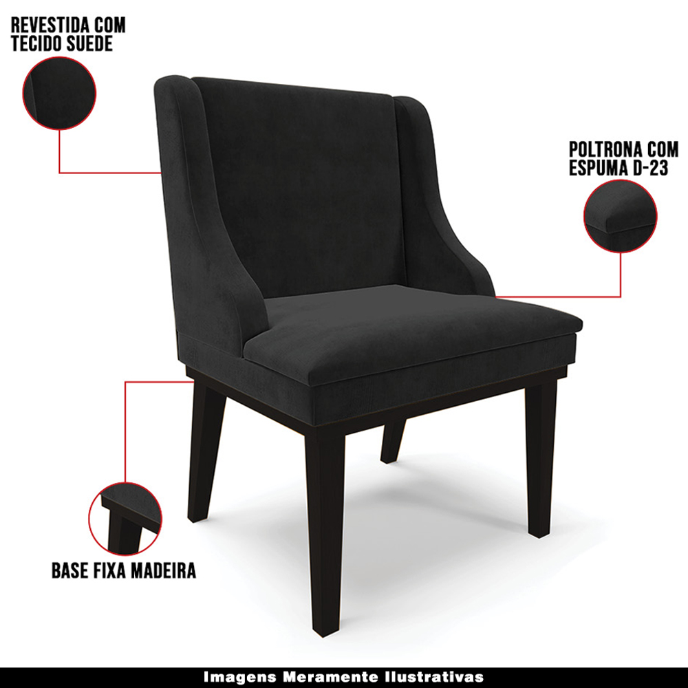 Kit 5 Cadeiras Decorativas Sala de Jantar Base Fixa de Madeira Firenze Suede Preto G19 - Gran Belo
