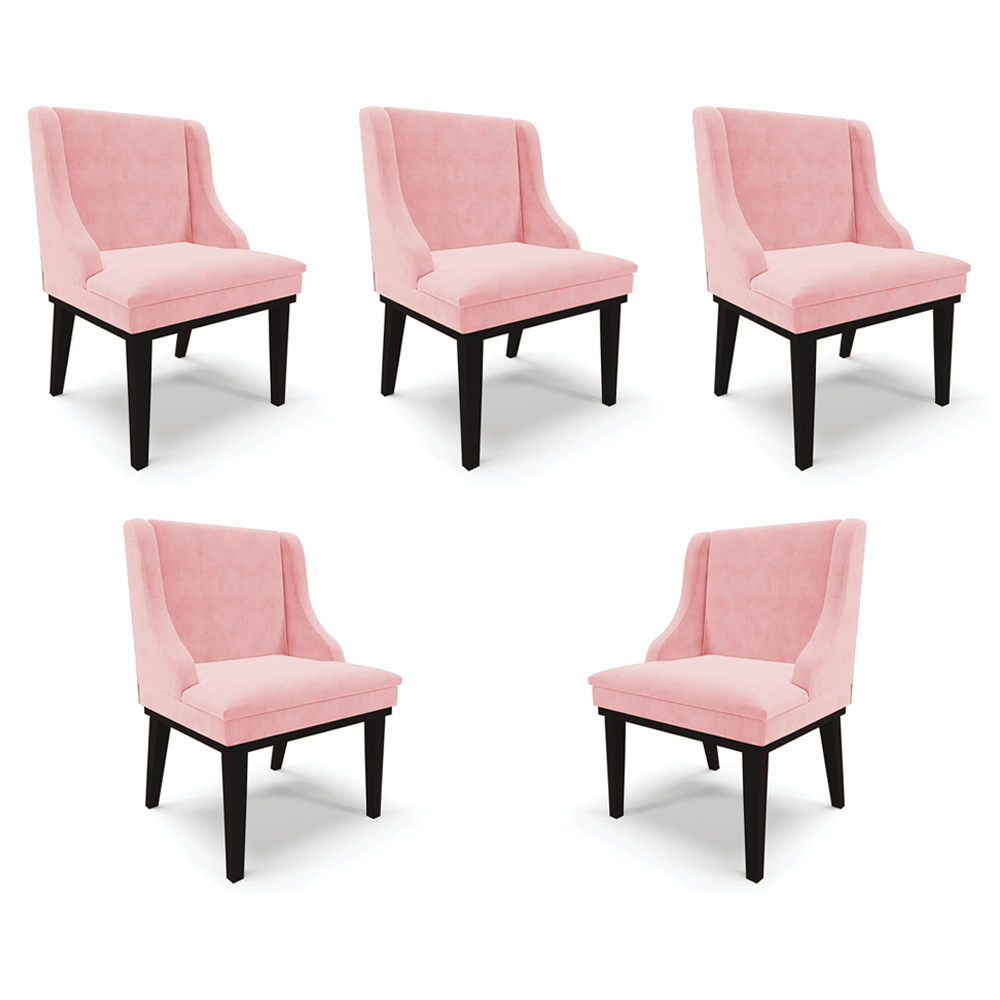 Kit 5 Cadeiras Decorativas Sala de Jantar Base Fixa de Madeira Firenze Suede Rosa Bebê/Preto G19 - Gran Belo