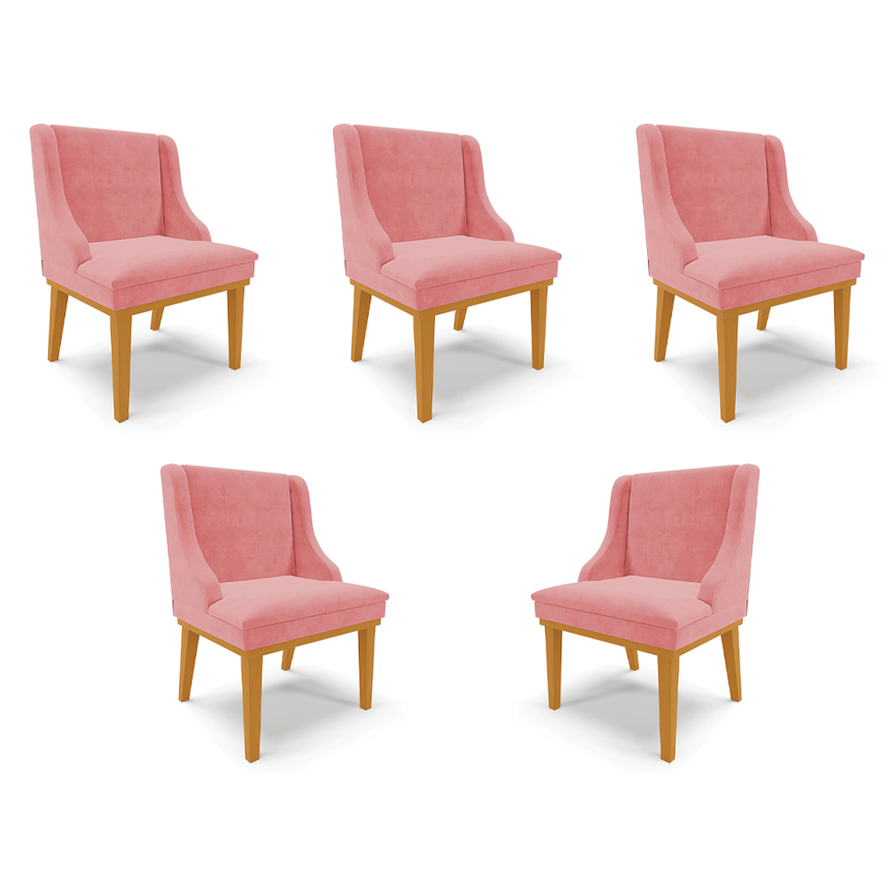 Kit 5 Cadeiras Decorativas Sala de Jantar Base Fixa de Madeira Firenze Suede Rose/Castanho G19 - Gran Belo